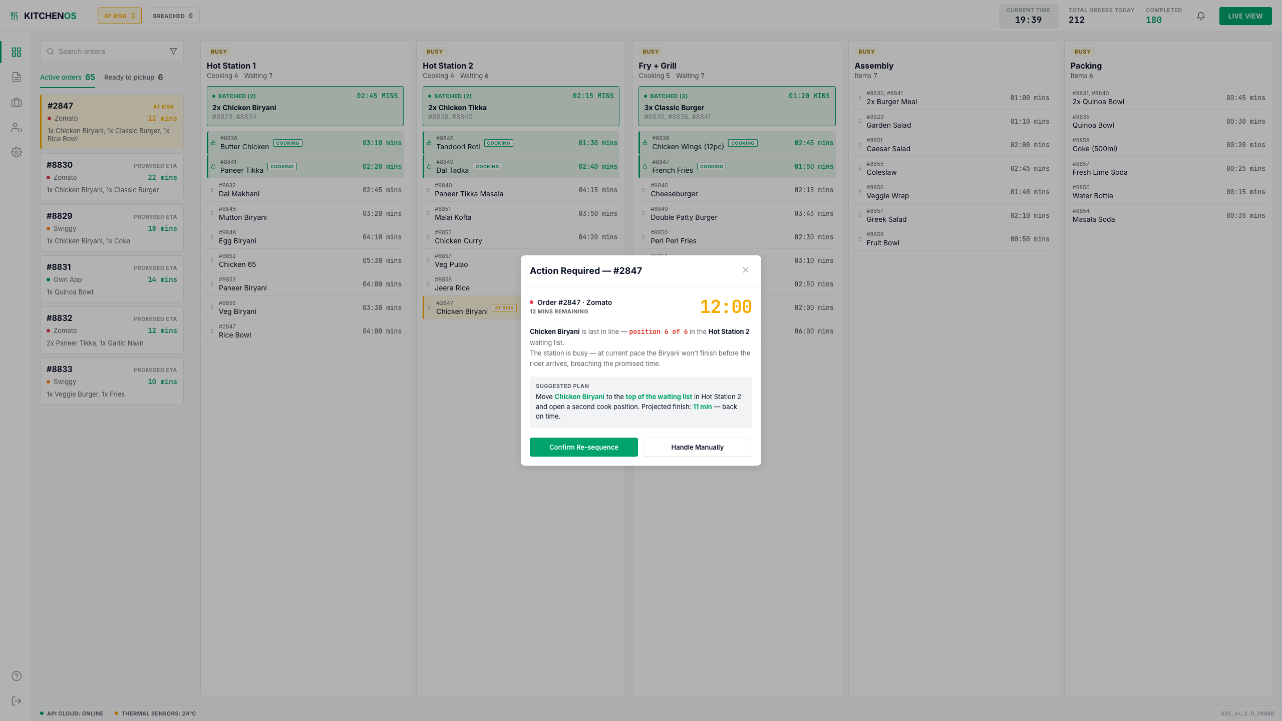 The v1 alert as a modal. A dialog sits over the dimmed board carrying the order, twelve minutes remaining, the problem, a suggested plan, and two buttons. Nothing behind it can be reached until Rajeev answers.
