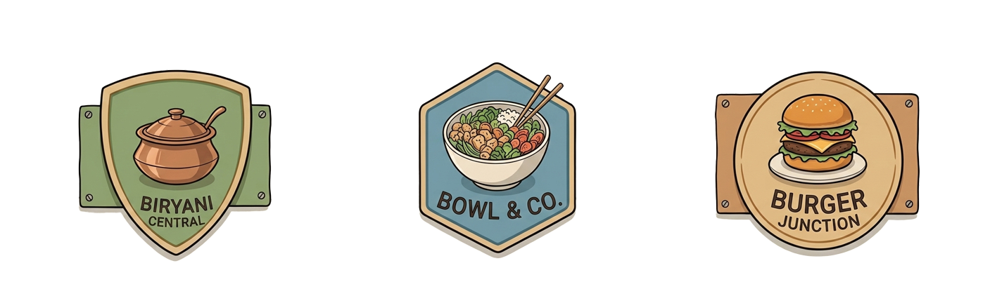 The three brands the kitchen cooks for: Biryani Central, Bowl and Co., and Burger Junction