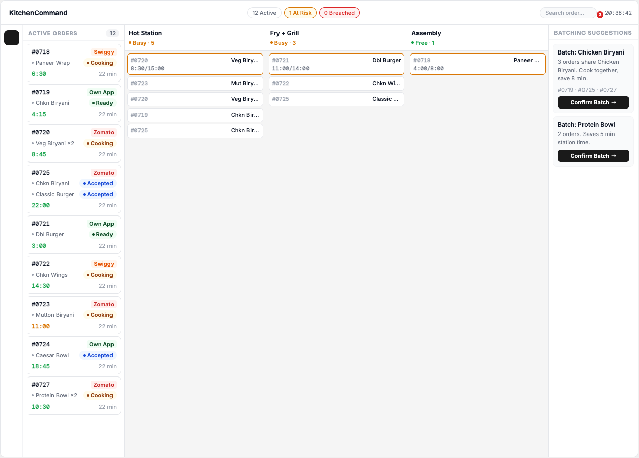 The first Claude output. A dashboard called KitchenCommand: an active orders list on the left, three station columns with hard outlined rows, and a batching suggestions panel on the right. Flat greys and thin rules throughout.
