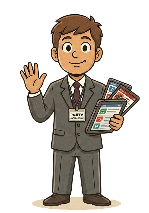 Rajeev, the order manager, holding three delivery-app tablets at once