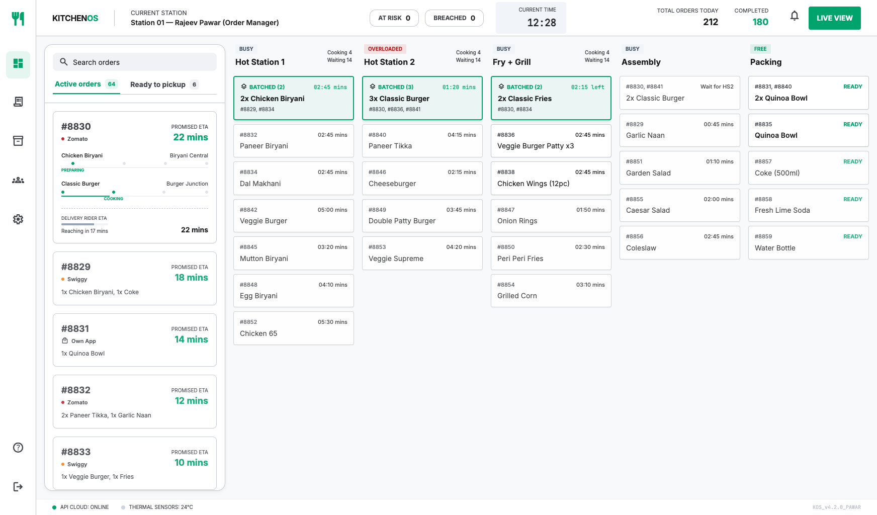 The Stitch output. A KitchenOS board with the orders rail on the left showing one expanded card with per-item progress, and five station columns across, each led by a batched card in green. Light panels, soft grey rules and generous white space throughout.