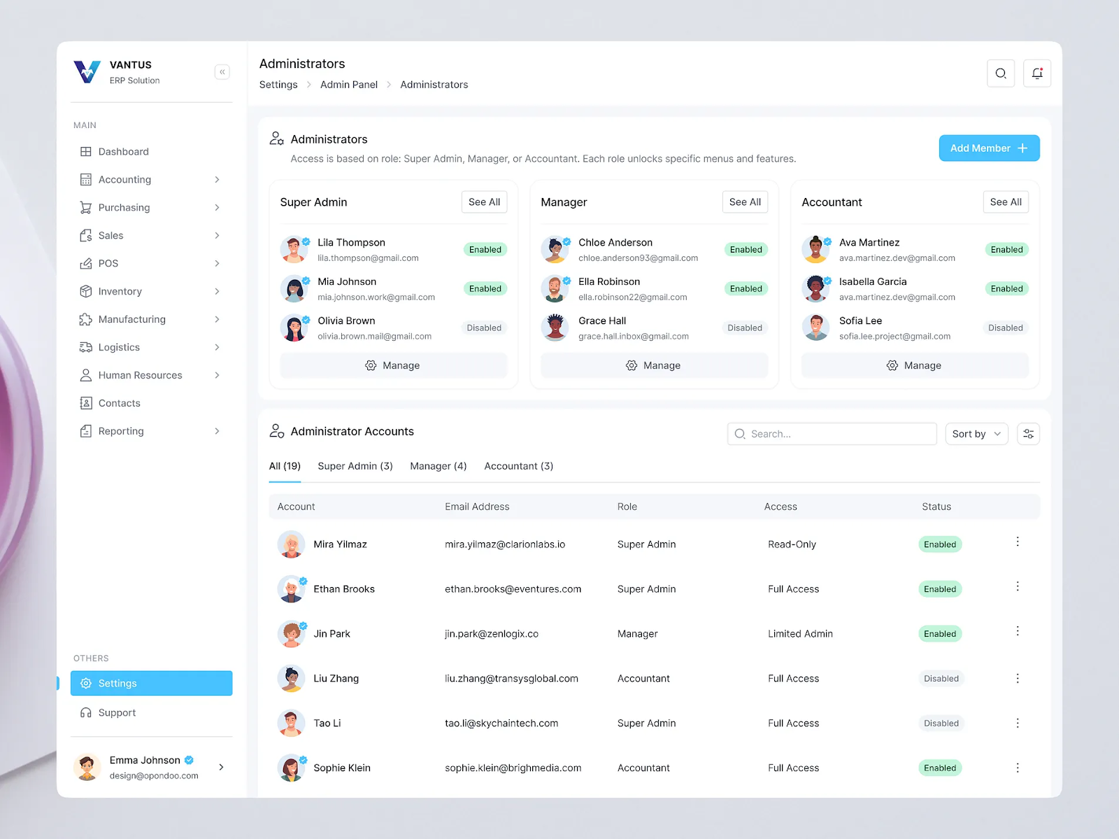 The Vantus ERP settings dashboard used as the single visual reference. A left navigation rail, three administrator role cards, and a dense account table, all on soft white panels with generous white space and grey tones.