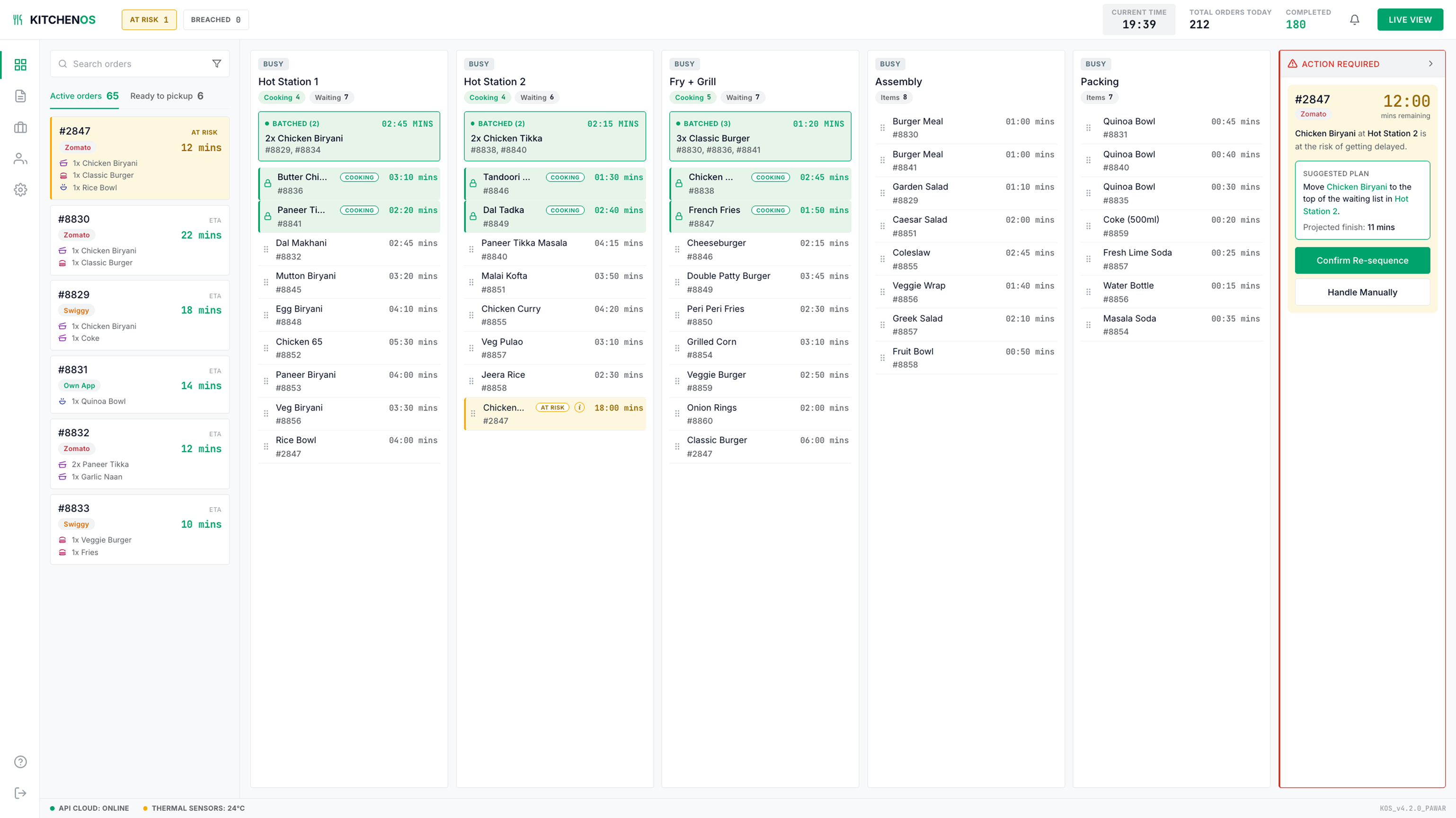 The final KitchenOS dashboard at full rush, showing many live orders across the station columns with amber and red status indicators.