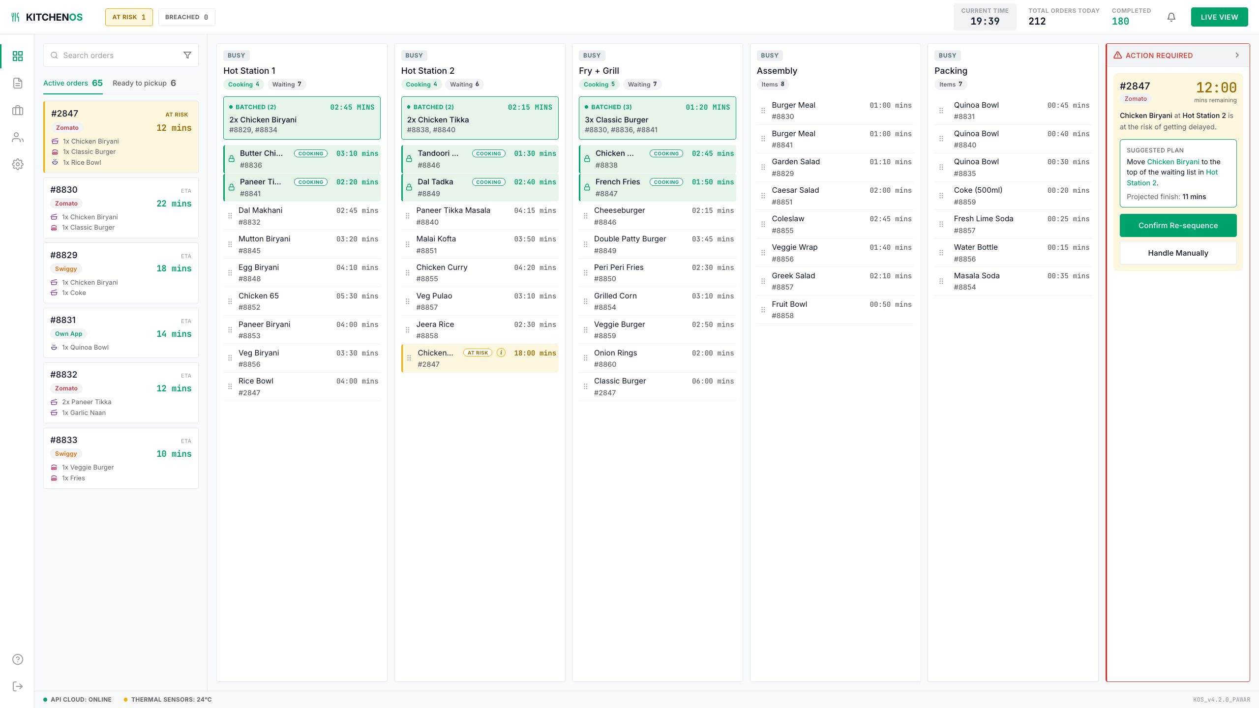 An at-risk alert showing an order projected to miss its promised time, with Rajeev about to choose Handle Manually.